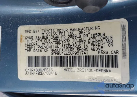 2012 Toyota Corolla Le из США, поврежденный, VIN 5YFBU4EE5CP051741